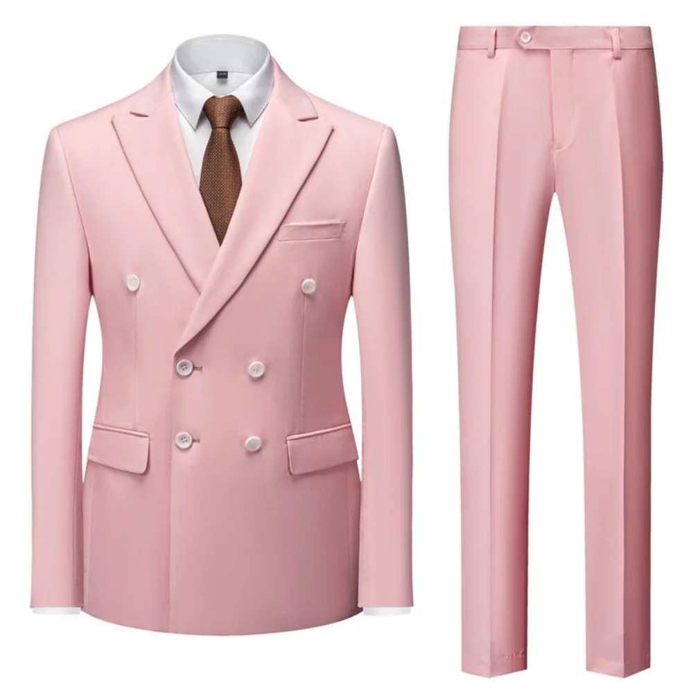 

Solid Man 2 Piece Outfit Set Peak Lapel Double-breasted Suit for Wedding Business Dresses Stage Costume Graduation Casual Suit