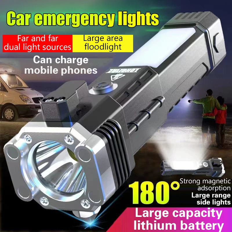 4-in-1 Super Bright COB Flashlight Safety Hammer Lifesaving USB Charging Emergency Work Light With Magnet Portable Camping Torch