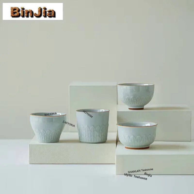 Handmade Relief Lotus Petal Ancient Blue Teacup Traditional Tea Bowl Mug Tea-tasting Meditation Cup Jianzhan Master Cups For Tea