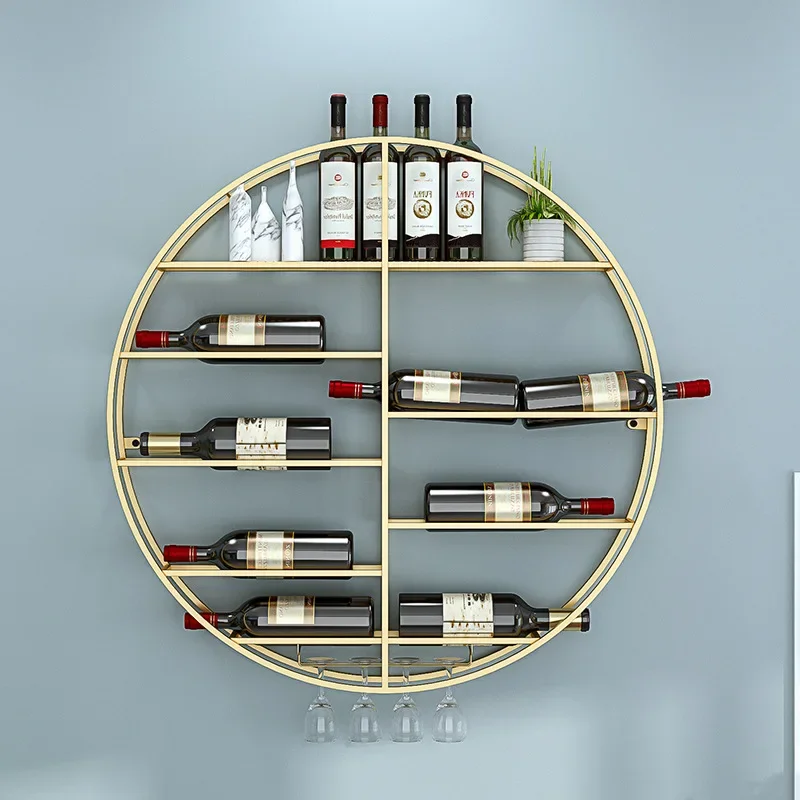 

Hotel Bar Wall Round Wine Cabinet Home Living Room Wrought Iron Decoration Red Wine Bottle Rack Creative Goblet Rack Organizer