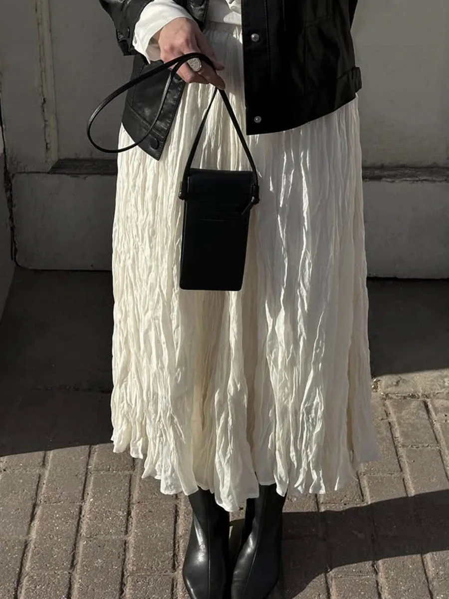 Hirsionsan Pleated High Waist Skirts Women 2025 New Soft Fold Office Lady Basic Midi Skirt Chic Elegant Girl Glossy Long Skirt
