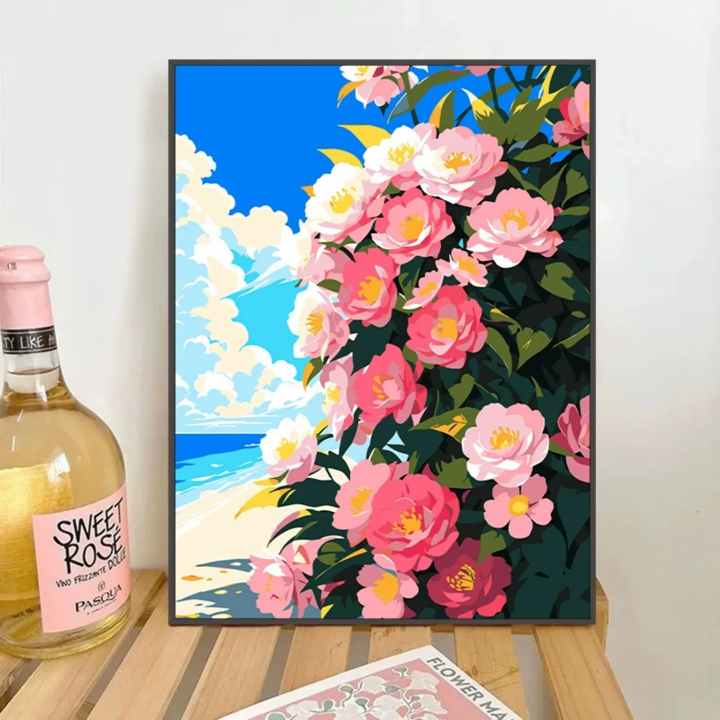 300059-Pink roses frame bright blue sea and summer sky