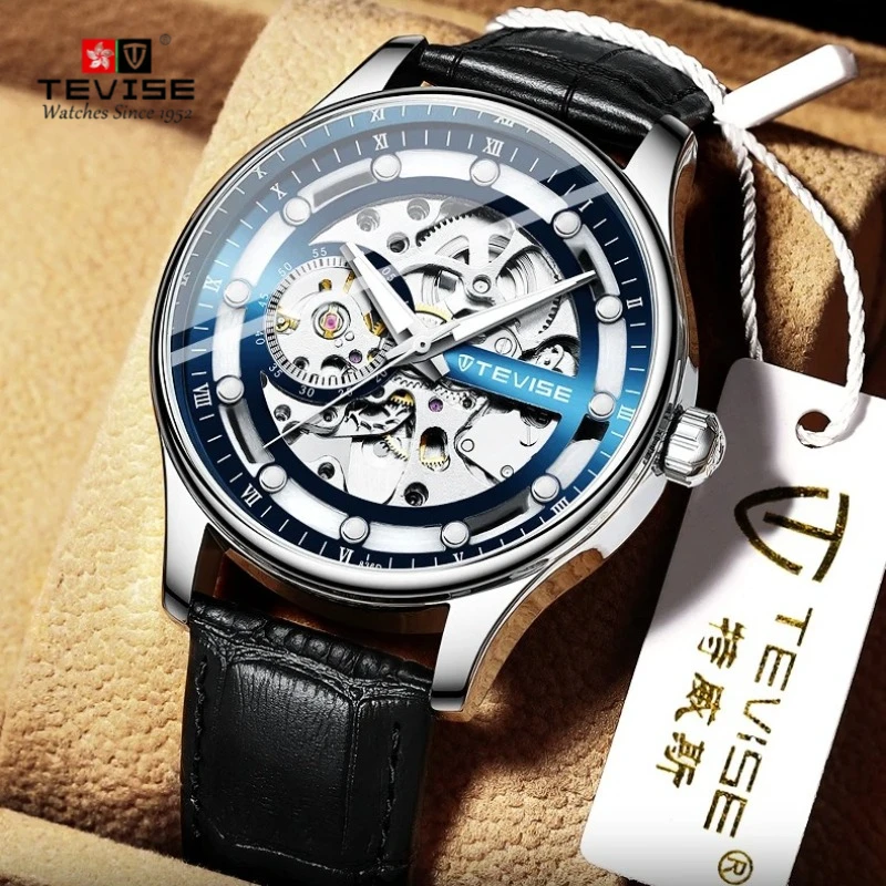 

TEVISE T836D Automatic Mechanical Watch Leather Strap Waterproof Luminous Business&Fashion Skeleton Wrist Automatic Watch Men