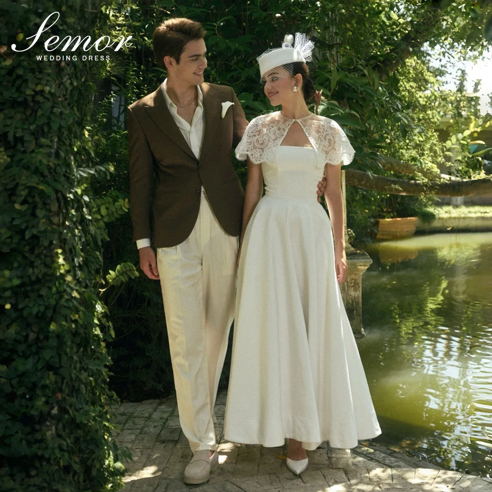 Semor Elegant Satin Wedding Dress With Detachable Lace Shawl 2027 Long Bridal Gown A-line Ankle-Length Vestidos Novia Customize