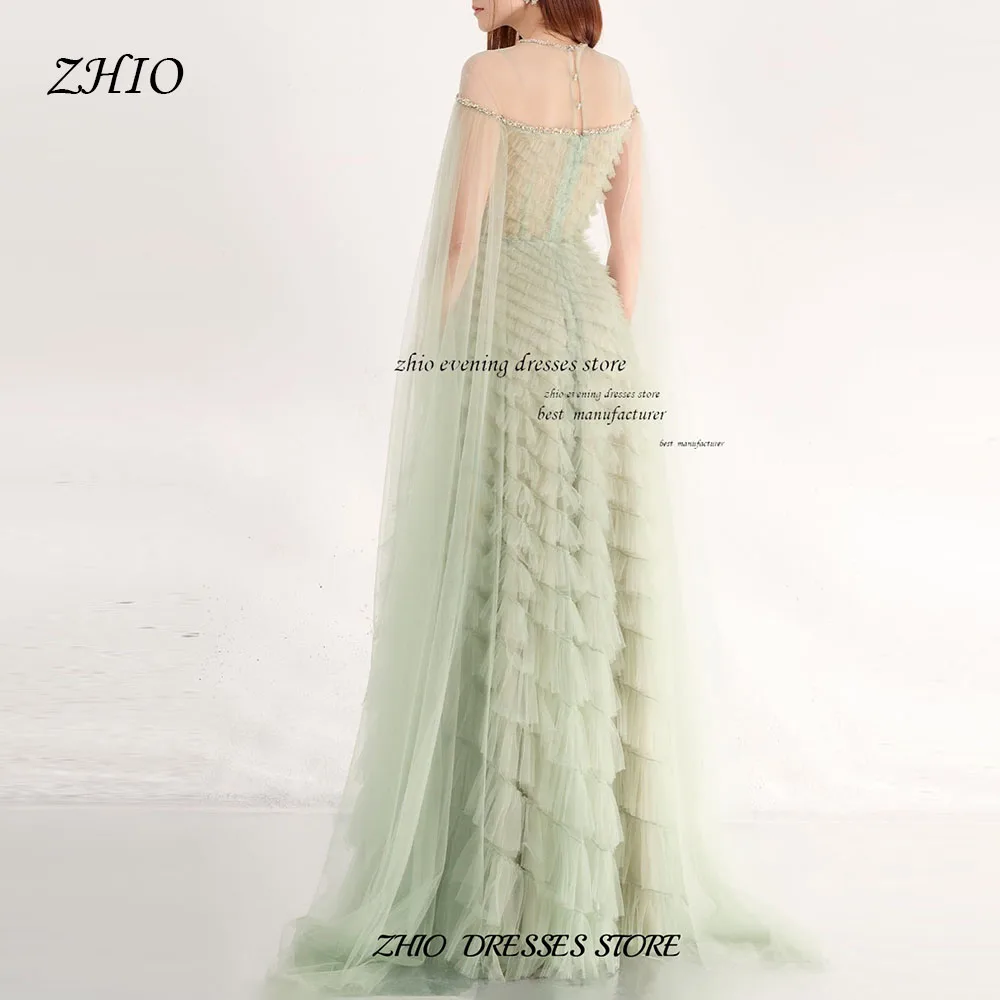 ZHIO Mint Green Off Shoulder Tiered Tulle Evening Dress Layered Ruffles Sheer Cape Elegant Long Prom Dress