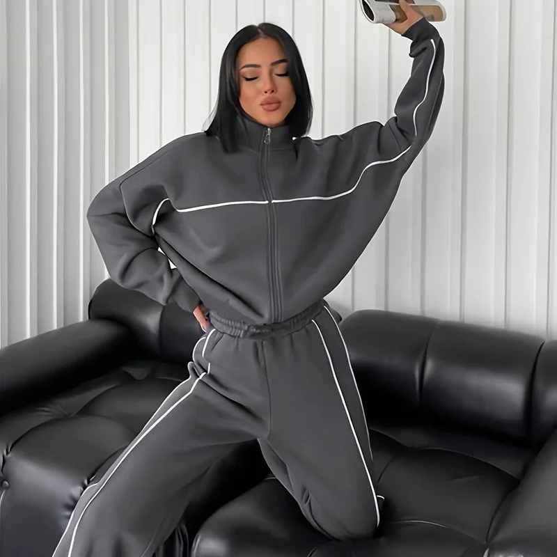 مجموعة عادية كم طويل نصف الياقة العالية سترة الرمز البريدي البلوز التعادل مرونة الخصر مريحة مخطط السراويل السراويل الرياضية مجموعة