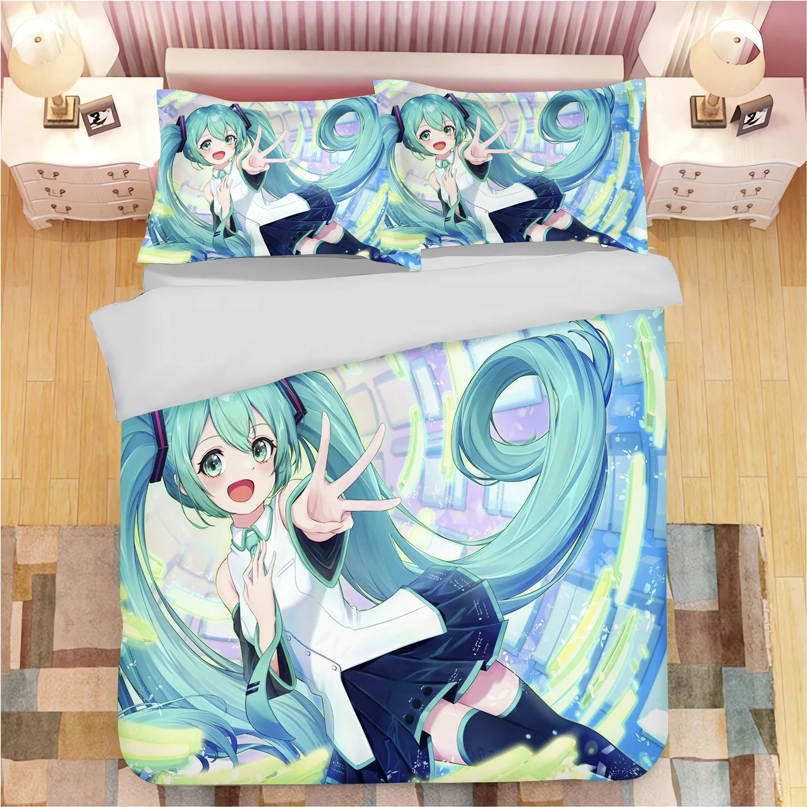 Second Dimension Hatsune Miku Quilt Cover 3D Decor Print Comfortable Set Dopamine Color Breathable Bedding for Teenager Children