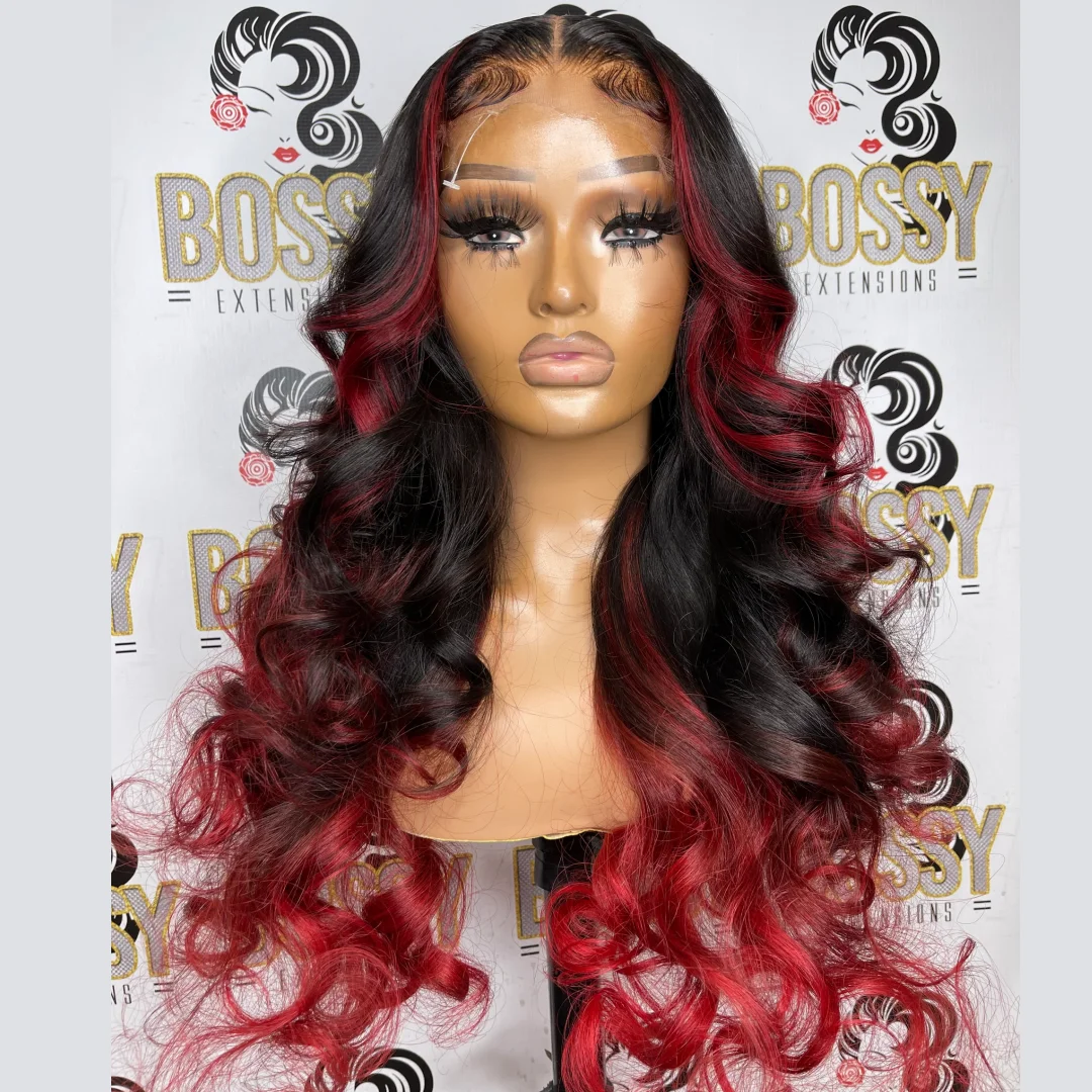 Perruque Lace Front Wig synthétique sans colle, Body Wave, rouge ombré 99J, 13x4, balayage coloré, bleu, pour femmes, cosplay