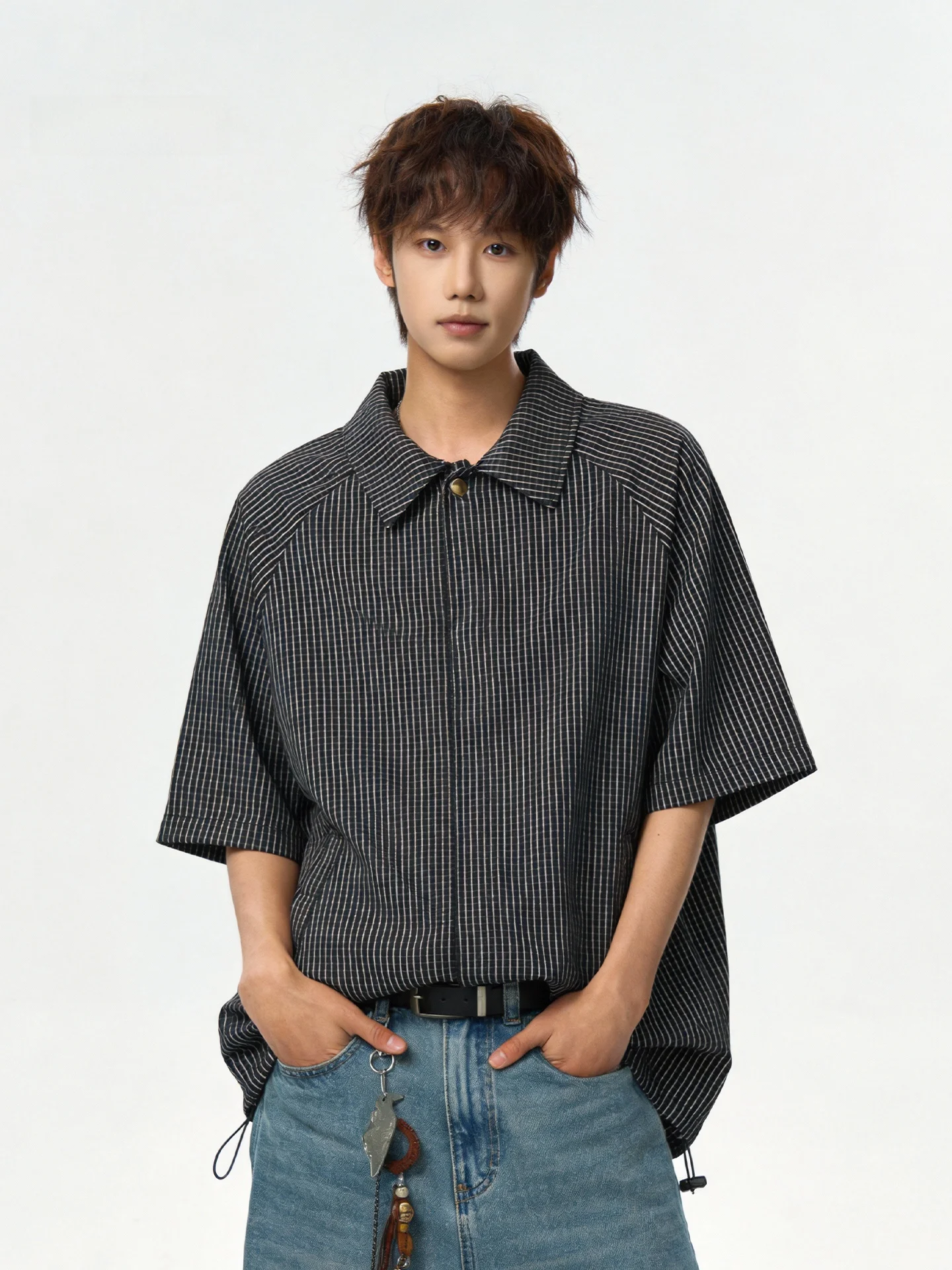 

Мужская летняя футболка-рубашка в американском ретро-стиле в клетку, новая коллекция, свободный крой, серия Miu, из смесового хлопка и полиэстера