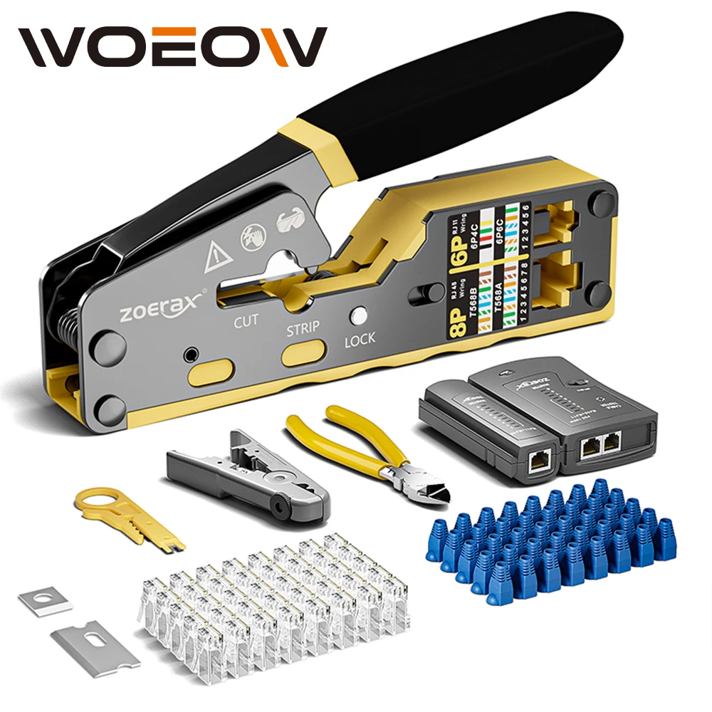 WoeoW 8 in 1 RJ45 Crimp Tool Kit,Crimper tool,Cable Tester,Wire Cutter,Blades,50Pcs Cat 6 Connectors and Strain Relief Boots