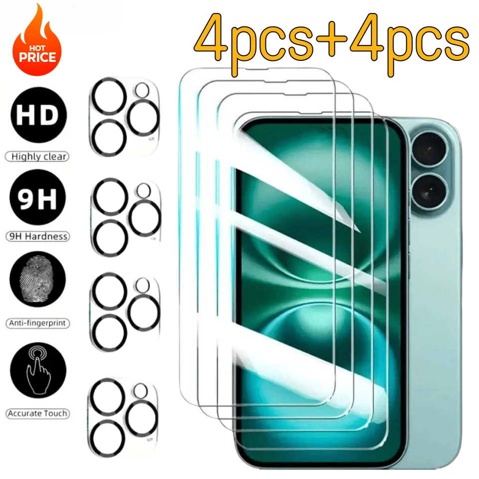 

Защитное стекло из закаленного стекла 8 в 1 HD для iPhone 16 15 13 Pro Max 15 14 Plus, стекло для объектива камеры для iPhone 16e 14 Pro 12 11