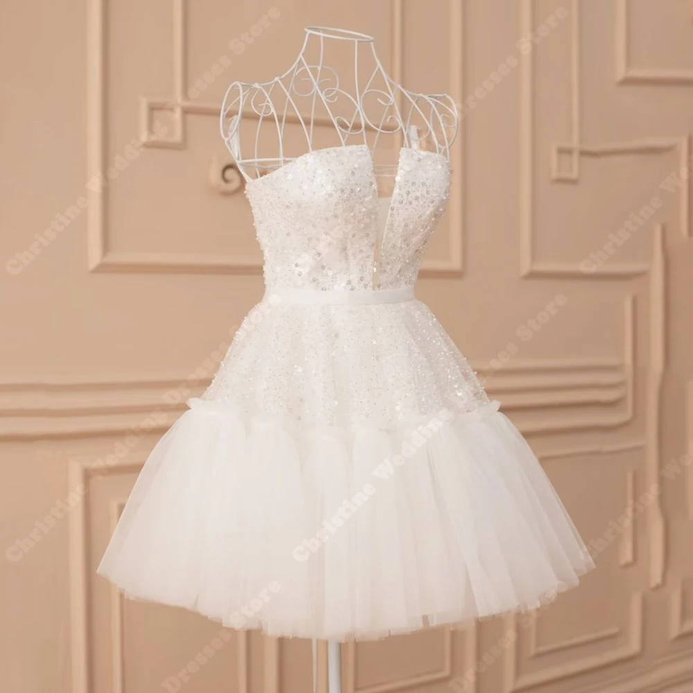 Vestidos de casamento sem mangas com lantejoulas brilhantes, gola querida, tule vestidos nupciais, esfregando comprimento, coquetel