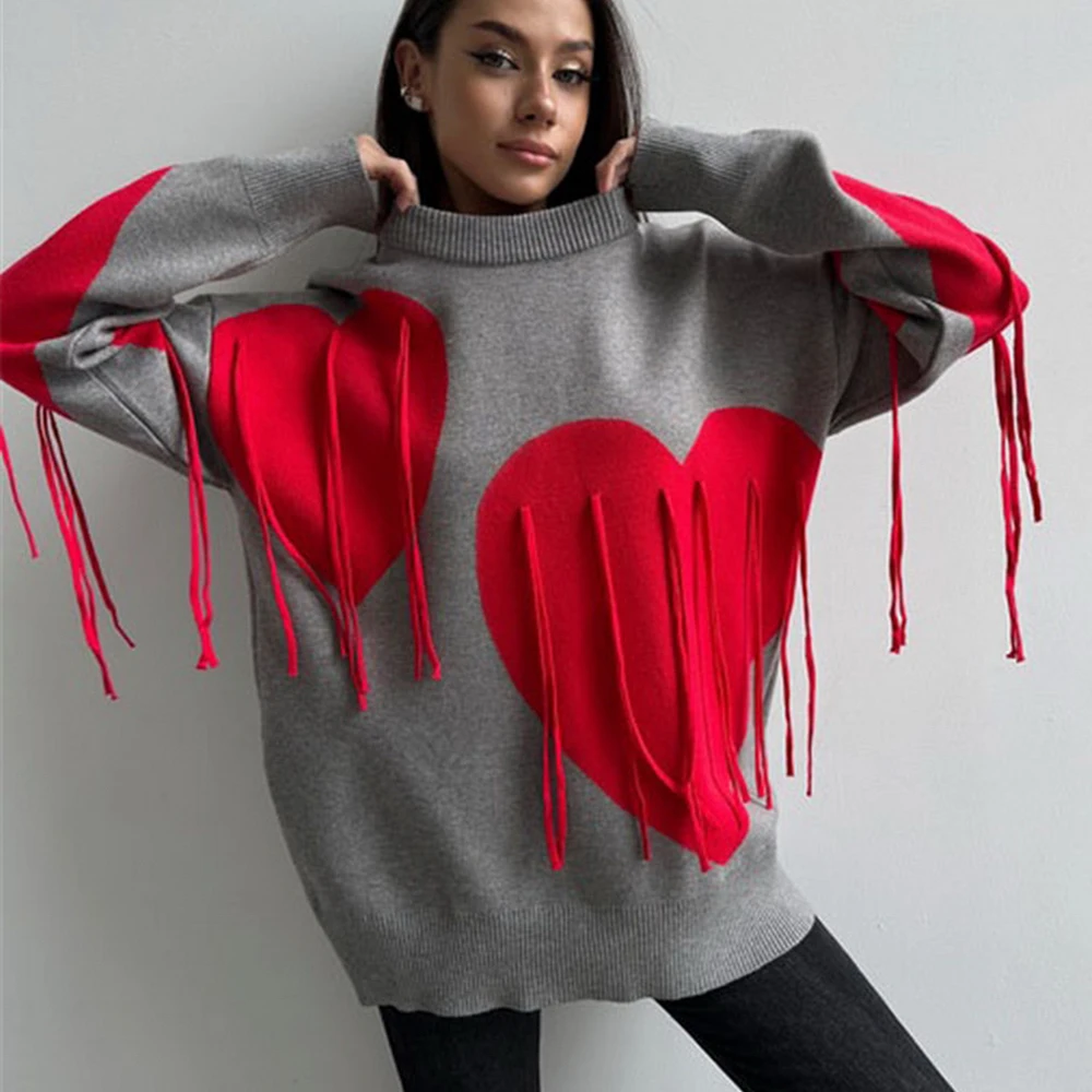 

2025 New Heart Print Sweater Women's O-Neck Long Sleeve Pullover Sweater Casual Knitted Tassel Sweater Loose Streetwear Women