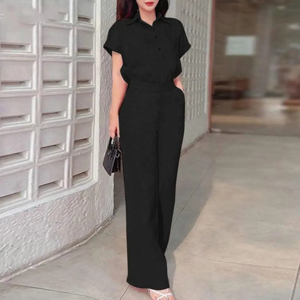 

Women Commute Suit Stylish Women's Lapel Shirt Wide Leg Pants Set with High Waist Pockets 2 Piece Suit for Ladies Loose Fit Suit