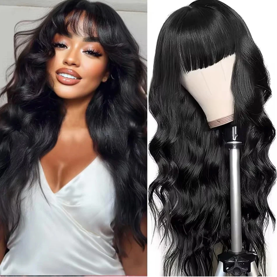 Venta al por mayor de peluca ondulada de Malasia con flequillo, peluca sin pegamento, peluca de cabello humano 100%, peluca completa hecha a máquina virgen para mujeres, pelucas baratas