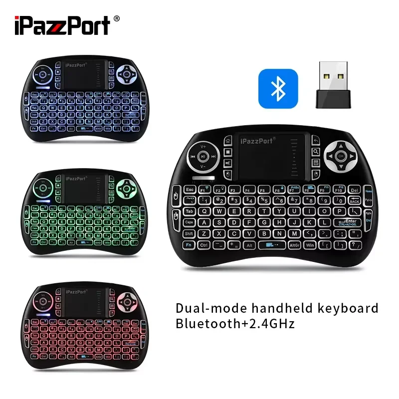 Mini teclado Bluetooth atualizado iPazzPort com touchpad, retroiluminado e recarregável, mod duplo 2.4G para Fire TV/Android/PC/Raspberry Pi