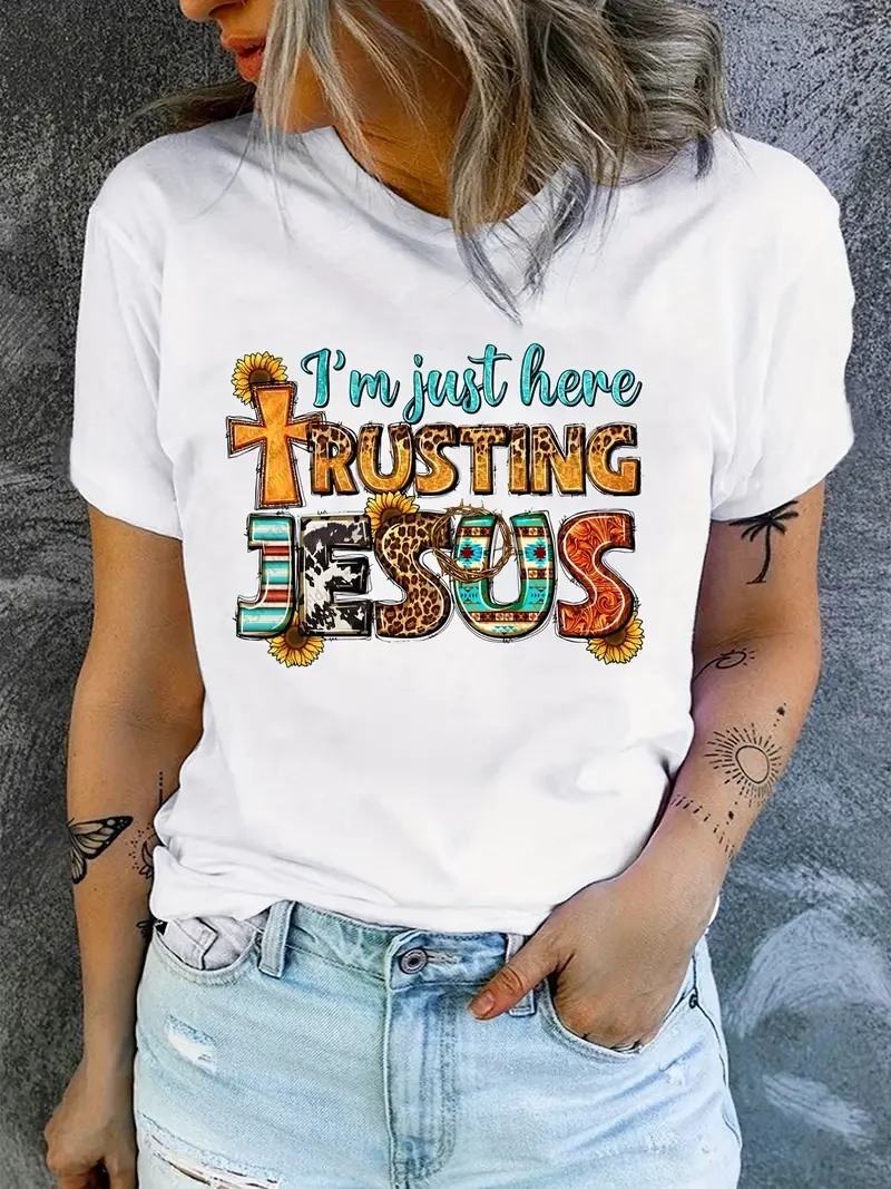 Jesus Print T-Shirt Short Sleeve Crew Neck Casual Top For Summer Sunflower Hand Painted Letter Leopard Print T-shirt