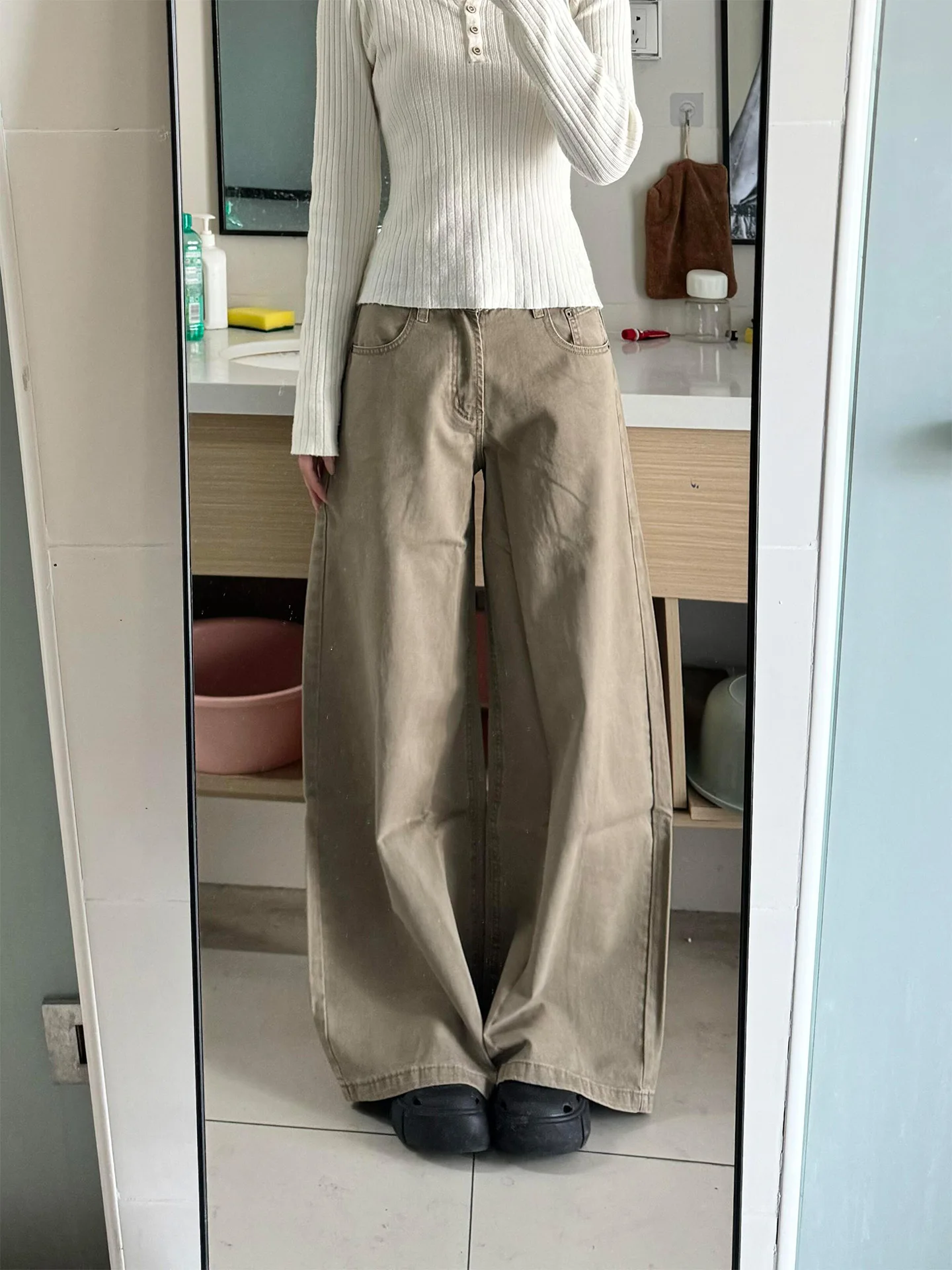 

Summer 2026 High Waist Straight Leg Denim Jeans Women's Slim Fit Floor Length Wide Leg Pants American Style Washed Khaki