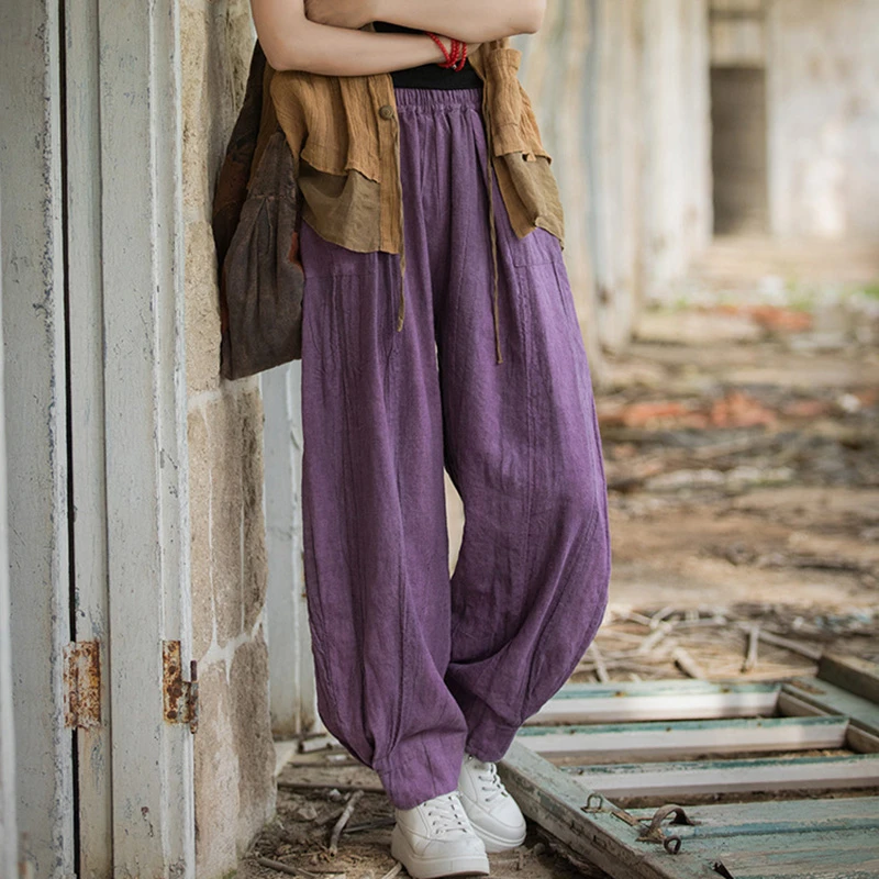 

High Quality Women Cotton Linen Casual Trousers New Arrival 2025 Spring Vintage Style Tie Dye Loose Female Bloomers Pants T562