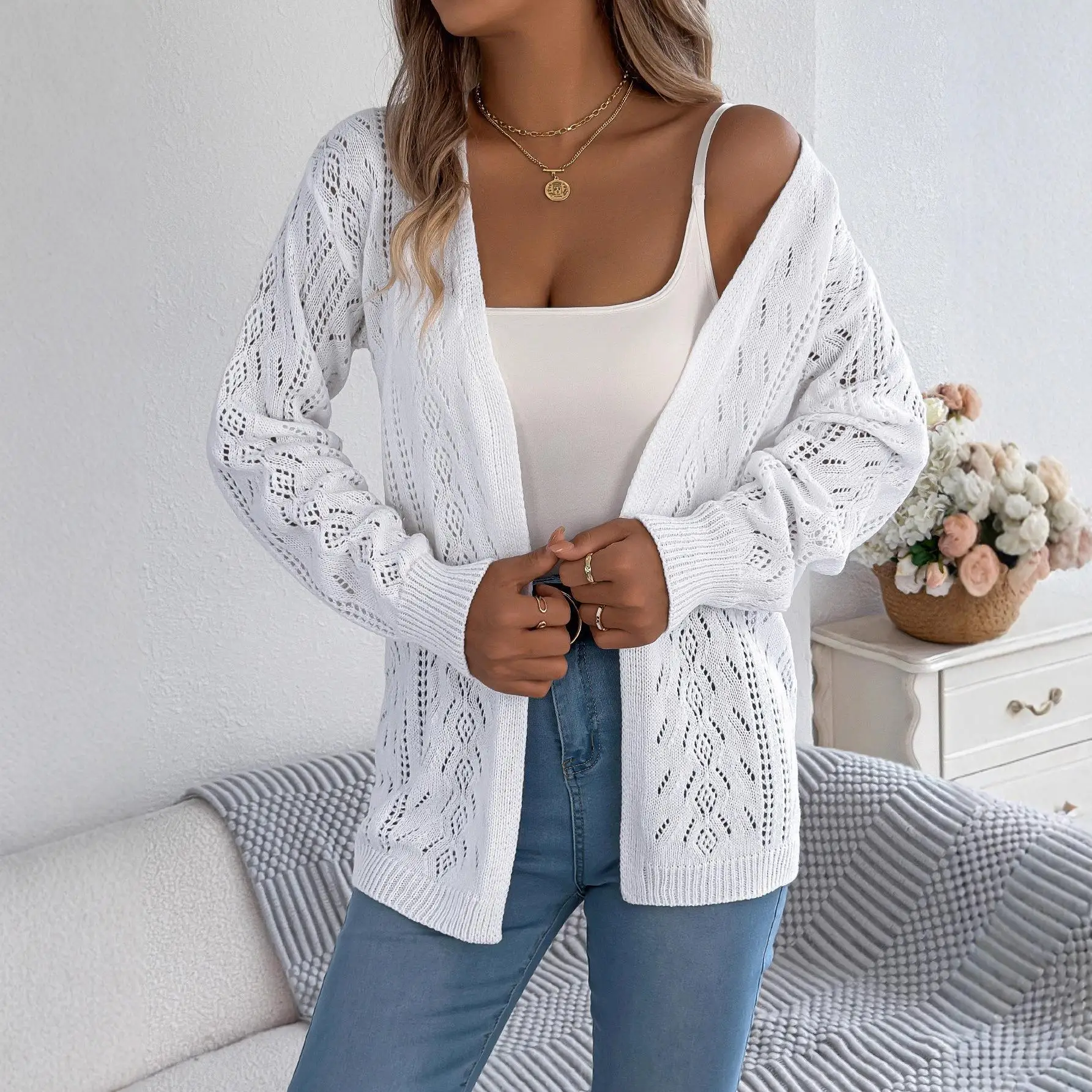 Casual scava fuori lanterna Sve lungo Sve cardigan maglione di media lunghezza Jaet donna transfrontaliera inizio autunno Faion