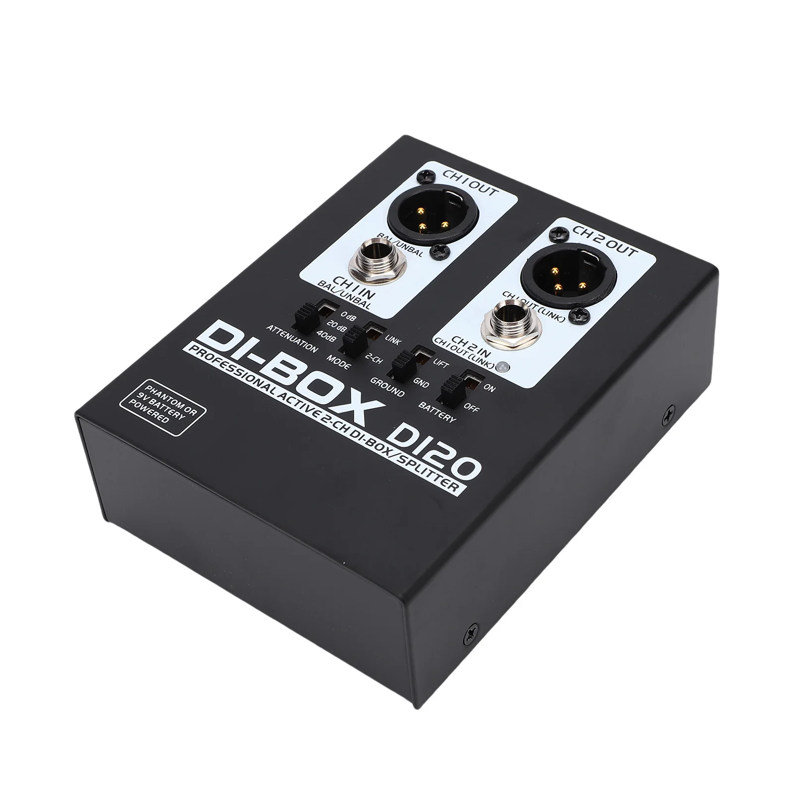2 Channel Active DI Box Signal Isolator  to XLR Converter Phantom Powered for Guitar Speaker Up to 3000W Metal Case