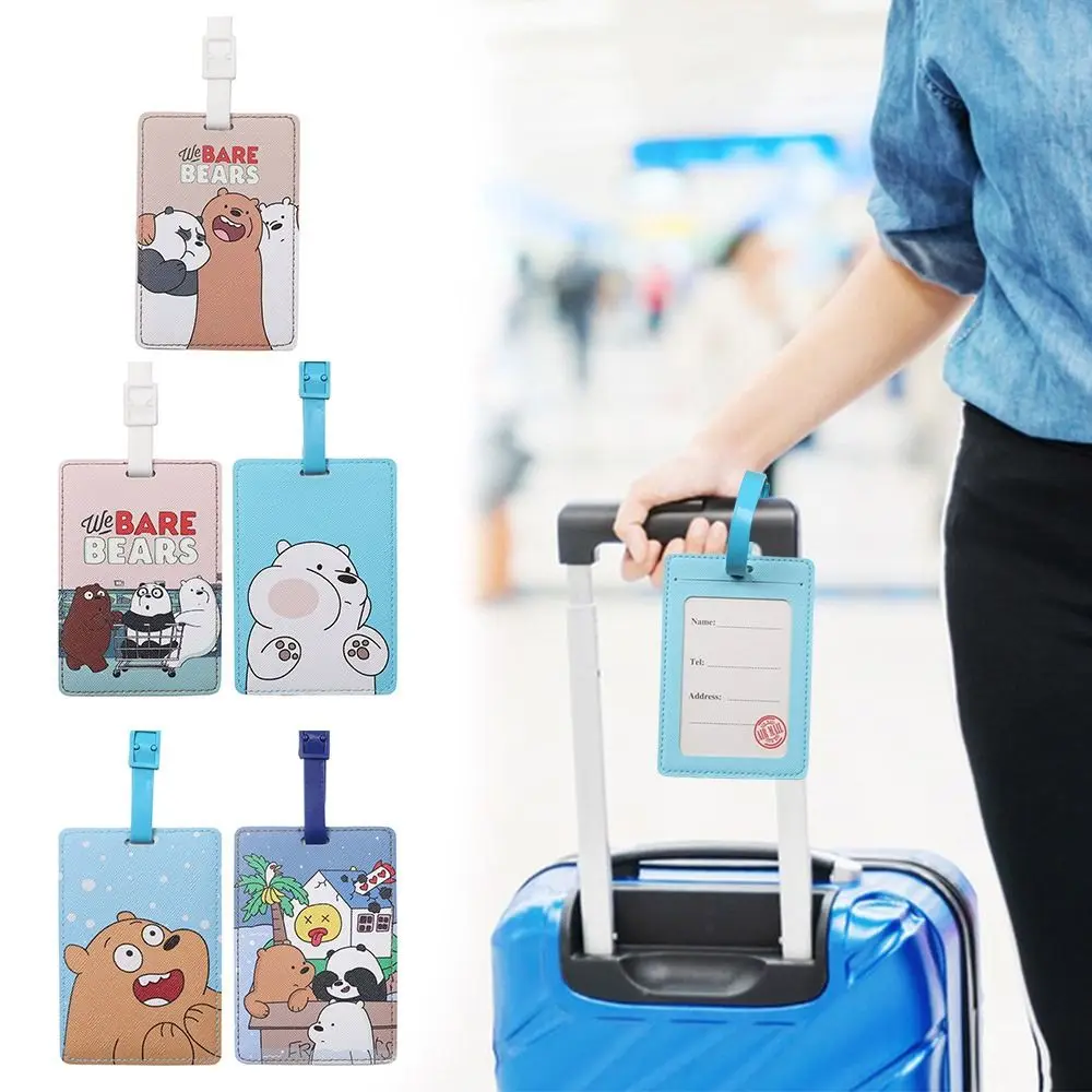 Cartoon Bear Travel Luggage Tag Name Address Tel Hanging Sign Board Suitcase Label Buckle Belt PU Baggage Tags Travel Supplies