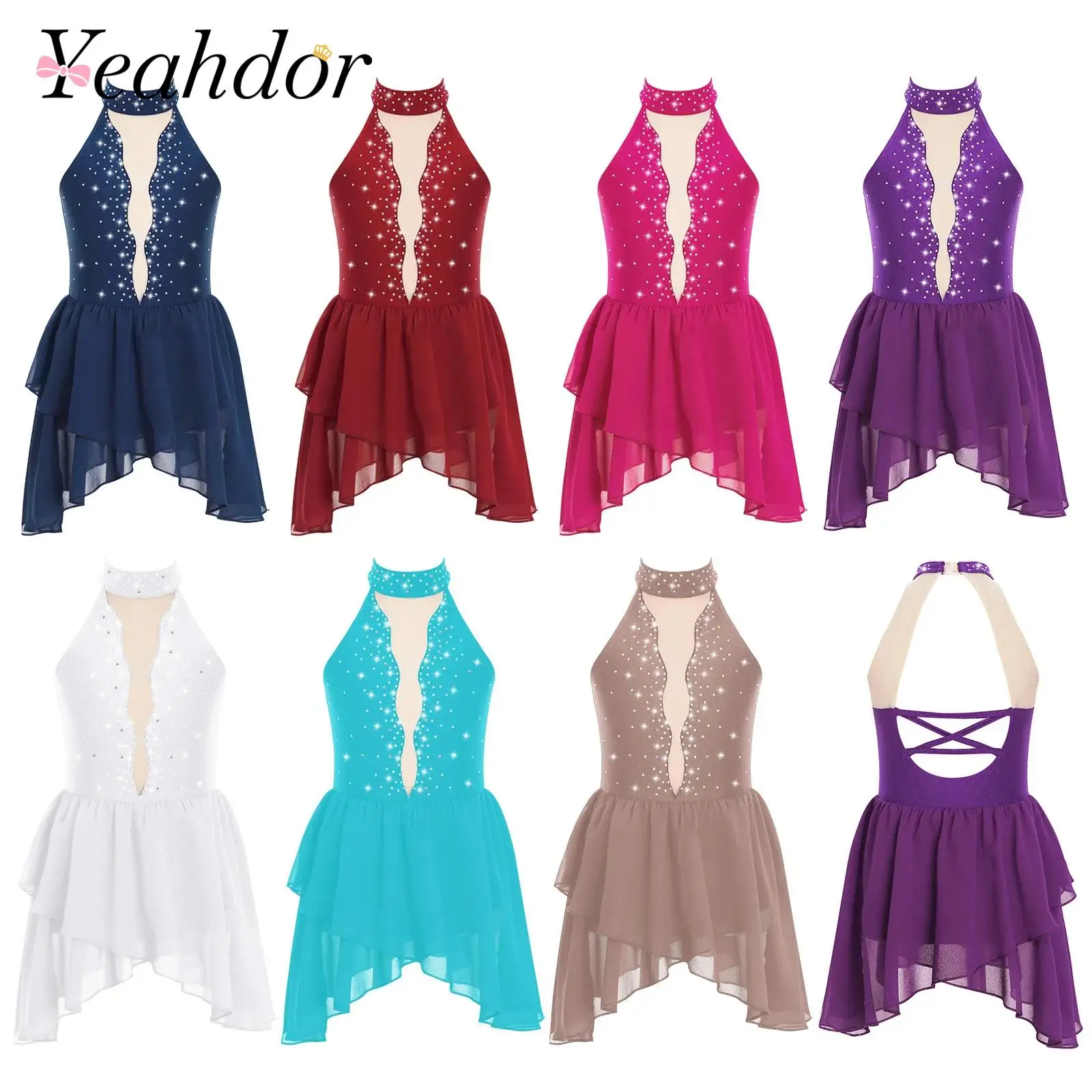

Kids Girls Lyrical Dance Costume Gymnastics Leotard Children's Firgure Skating Dresses Dancewear Teen Irregular Hem Ballet Dress