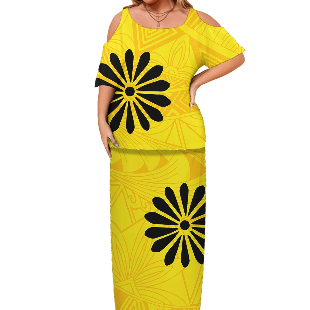 New Design Puletasi Polynesian Tribal Patterns Dresses Custom Cut Out Shoulder Gowns Women Elegant Half Sleeve Women Dress