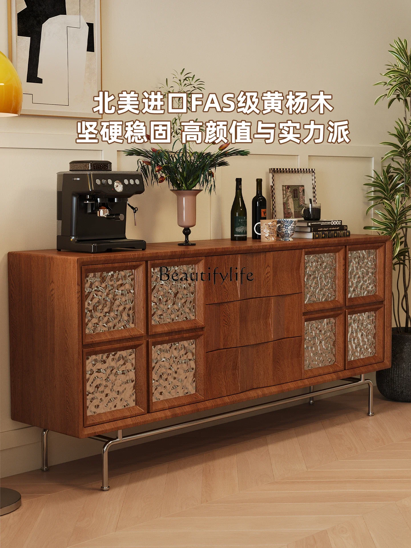 

yj5 French-style Retro Solid Wood Sideboard Wall-mounted Integrated Storage Wine Cabinet Vintage Style