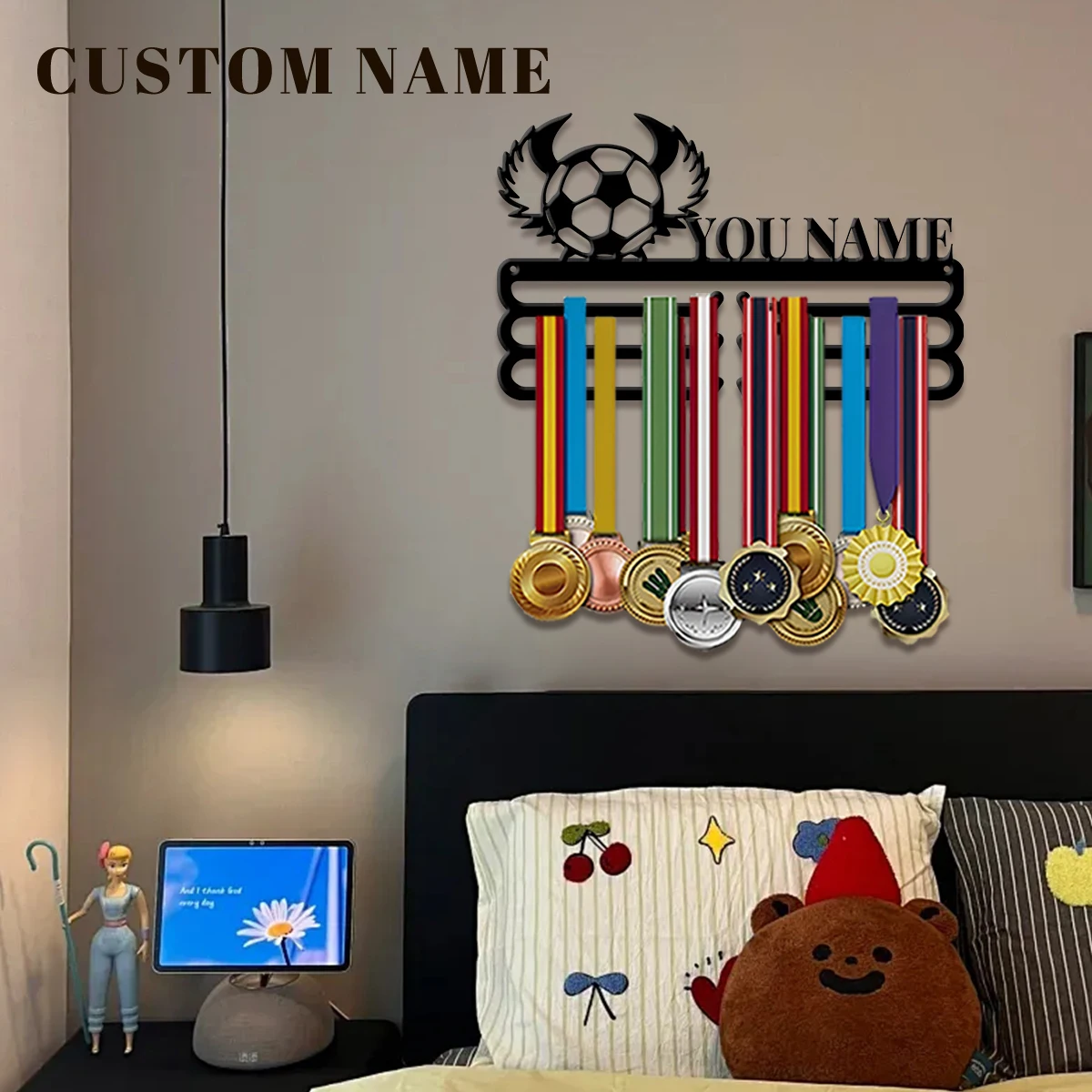 1pc Custom Football Angel Metal Medal Holder,Sports Carnival Hang Metal Wall Art Suitable for Running Marathon Sports Record view 4