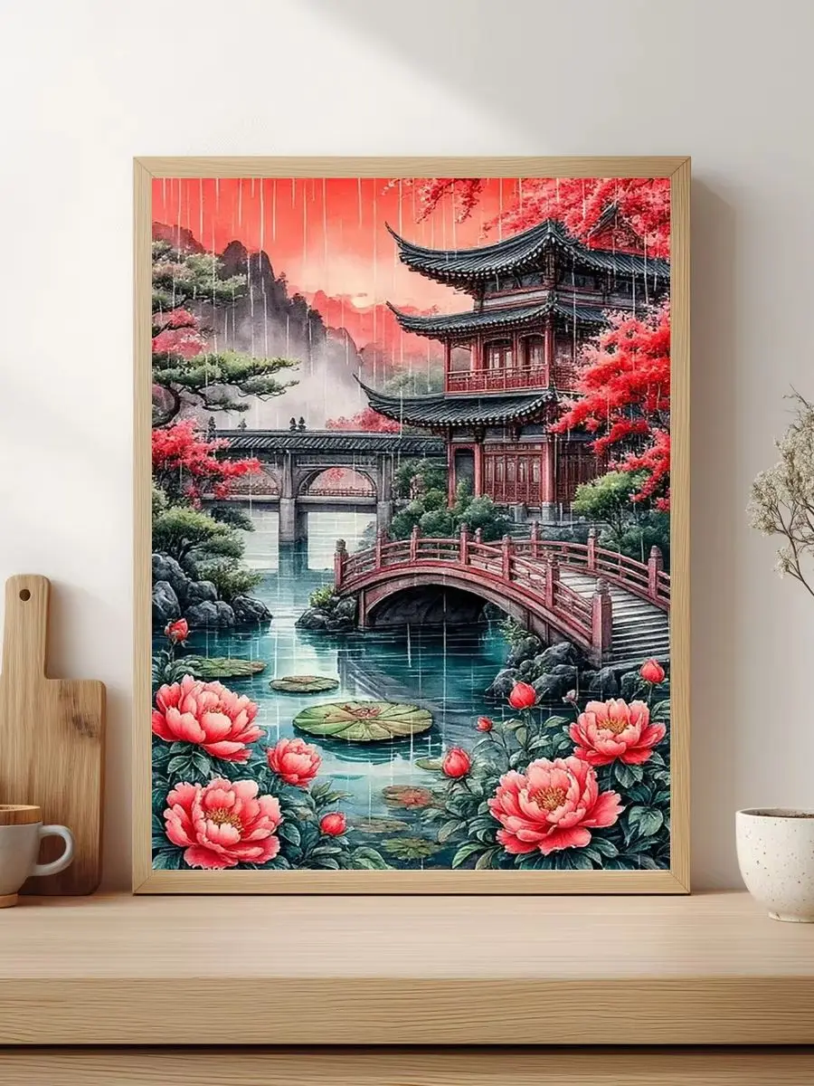 1 Stück 30x40cm/11,8x15,7 Zoll, 11Ct/14Ct Kreuzstich-Set, DIY Valentinstagsgeschenk, Stickerei-Set für Festivals, Chinesischer Garten Rote Lotusblume – Detail 1