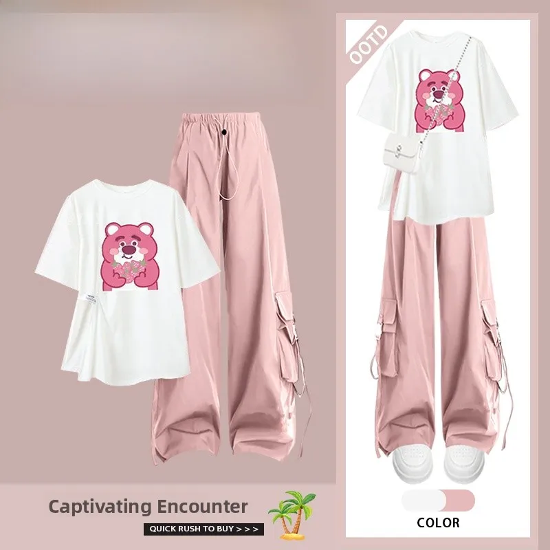 

Розовые рабочие брюки Dopne, повседневная футболка ort Sve с разрезом, сладкий и пряный, лето 202, новый женский комплект Faion