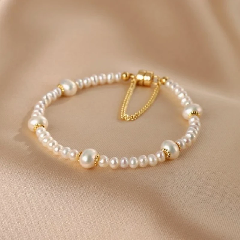 

New Trend Baroque Freshwater Pearl Magnet Chain Tassel Strand Charm Bracelets for Women Mujer 14K Real Gold Plated Copper