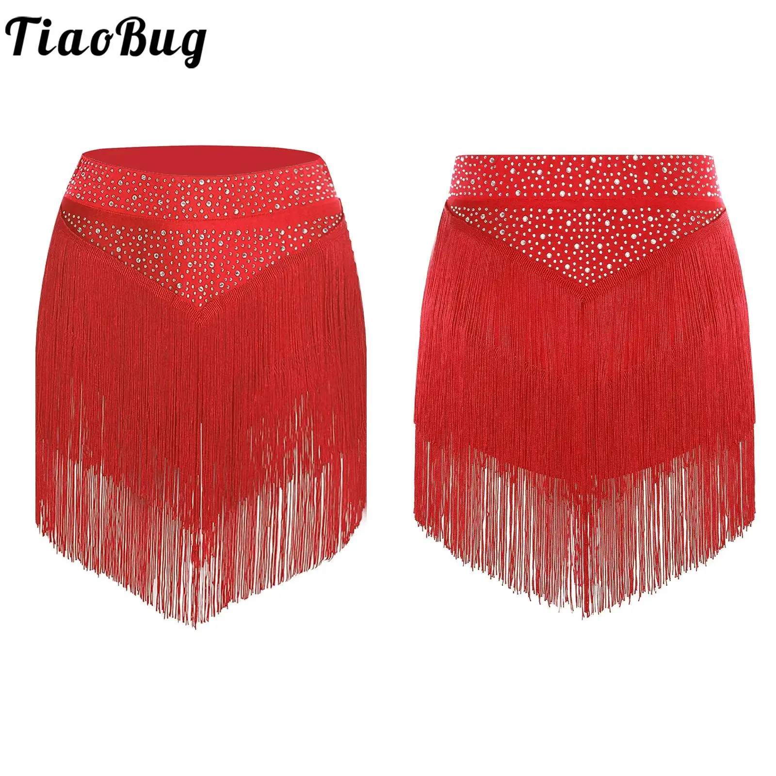 

Women Latin Tango Dance Performance Costume Fringed Skirted Rumba Samba Chacha Dancewear Elastic Waistband Tiered Tassels Skirt