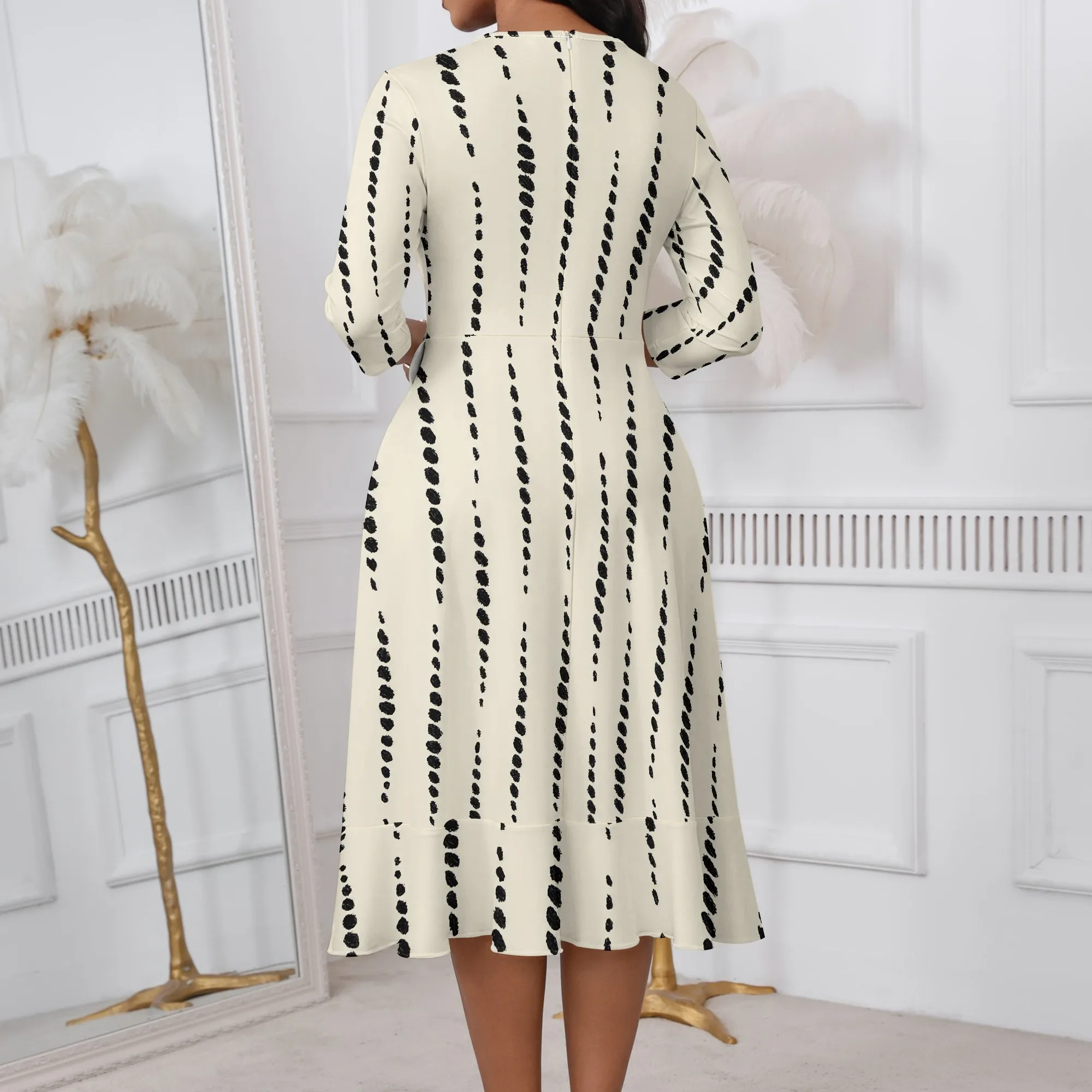 Midi Dresses for Women 3/4 Sleeve V Neck High Waist Casual Flared Wrap Belt Trendy with Pockets A-Line Cocktail Party Dress