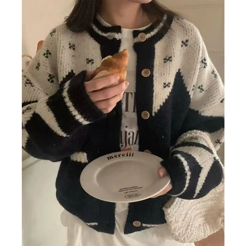 

Vintage Print Knitted Cardigan Women Harajuku Patchwork Sweater Outerwears Korean Long Sleeve Knitwears Winter Casual Jumpers