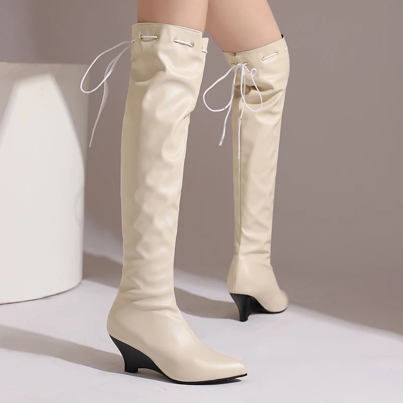 

Wedges Black Women's Over the Knee Boots Sexy PU Thigh High Boots Yellow Autumn Winter Tall Long Party Shoes Lady Big Size 48