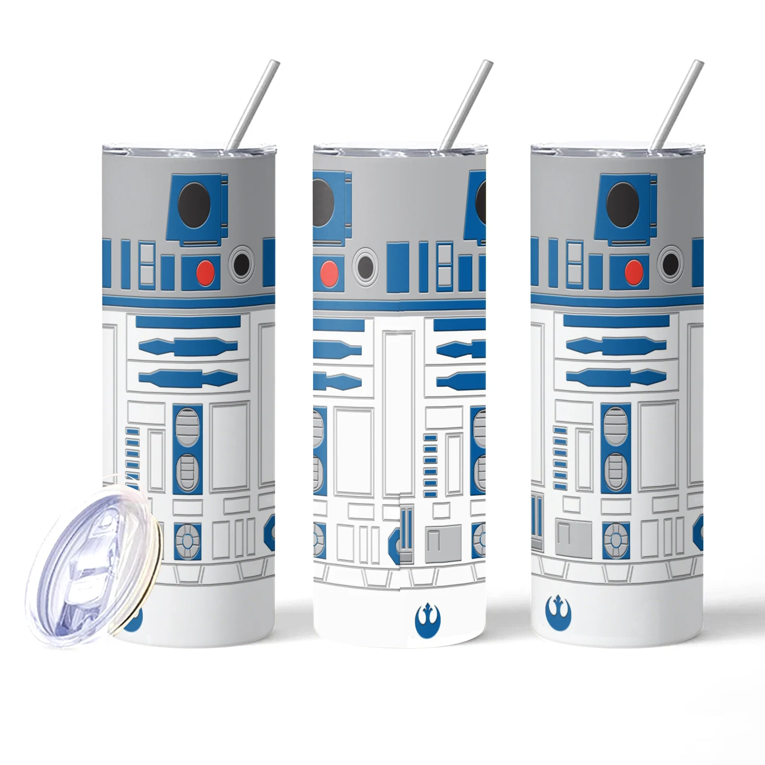20oz R2-D2 Robot Skinny Tumblers with Straw and Lid Stainless Steel Double Wall Vacuum Cup Keeps Drinks Hot/Cold Water Bottle