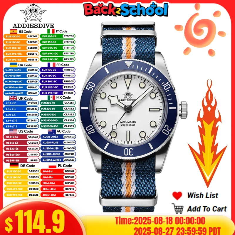 

ADDIESDIVE NEW 39mm Men Watch 20Bar Waterproof Blue Luminous Nylon Strap Automatic Mechanical Watches Reloj Hombre