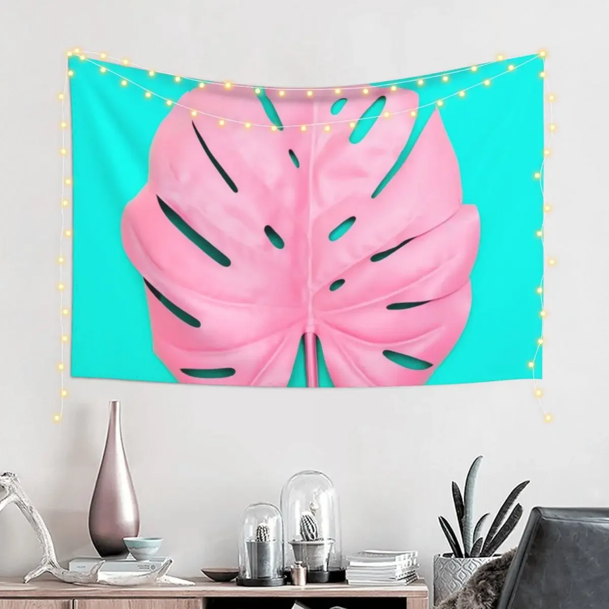 Bright pink monstera leaf on turquoise background, Bright pastel pink and turquoise Tapestry Wall Decor House Decor Tapestry