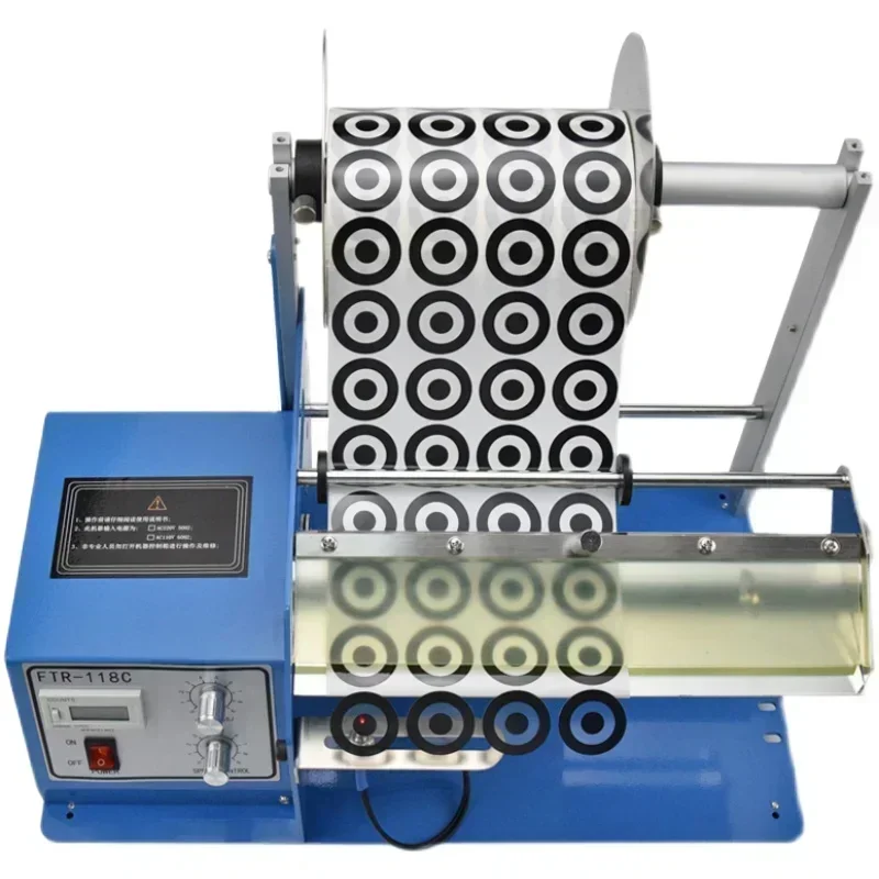 Automatic barcode label dispenser; compact electric label peeler with transparent fiber-optic sensor.