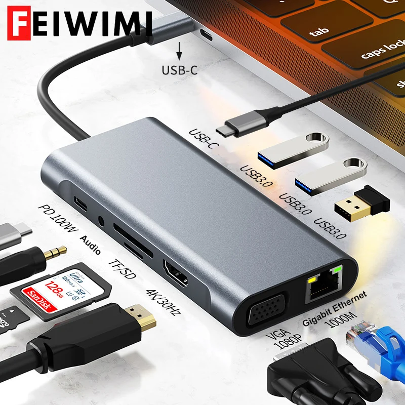 

11-портовый адаптер USB C-концентратора типа C к HDMI-совместимому 4K VGA RJ45 SD/TF-карте 3,5 мм AUX 10-портовая док-станция ПК Разветвитель для ноутбука