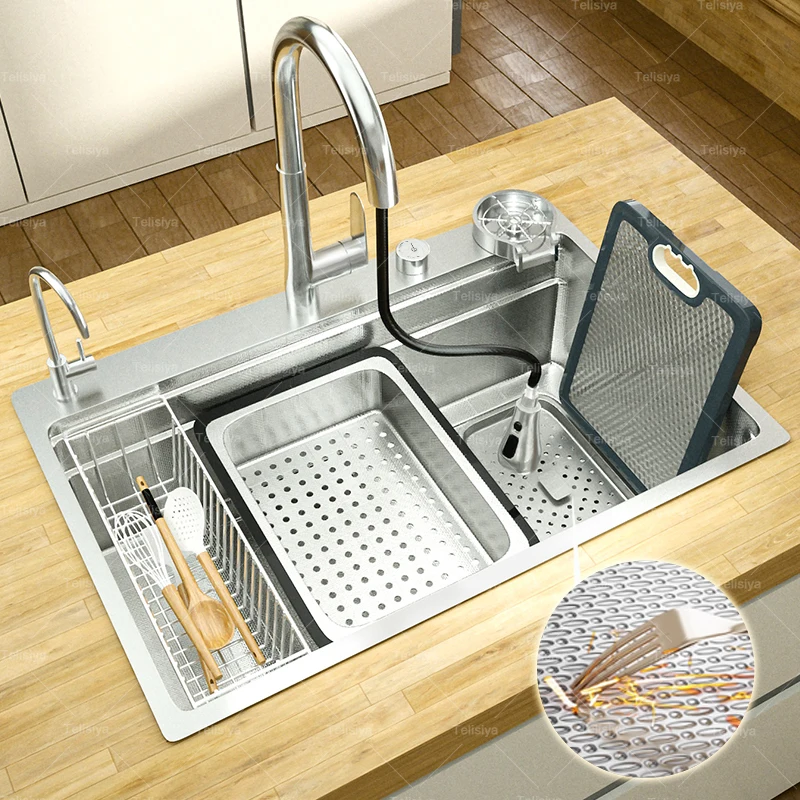 

Silver 304 Stainless Steel Kitchen Sink Large Single Slot Multifunction Washing Dish And Vegetable Basin Blow For Kitchen