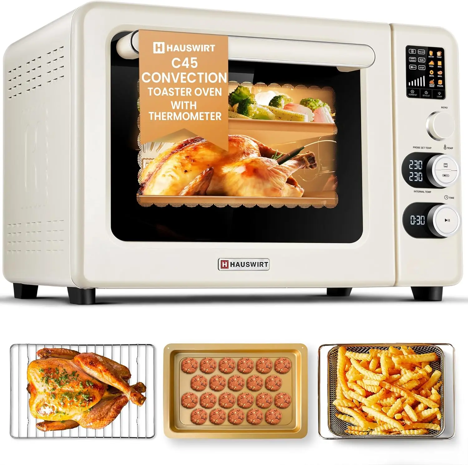 C45 Smart Convection Oven with Thermometer, 42QT XL Large Capacity Oven, Double Bake, 8 Menu Modes Countertop Oven, Fou