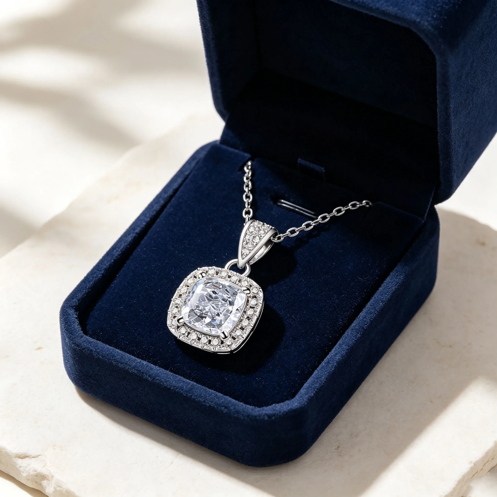 925 pure silver gemstone square pendant necklace for women, highly popular, simple ice flower necklace