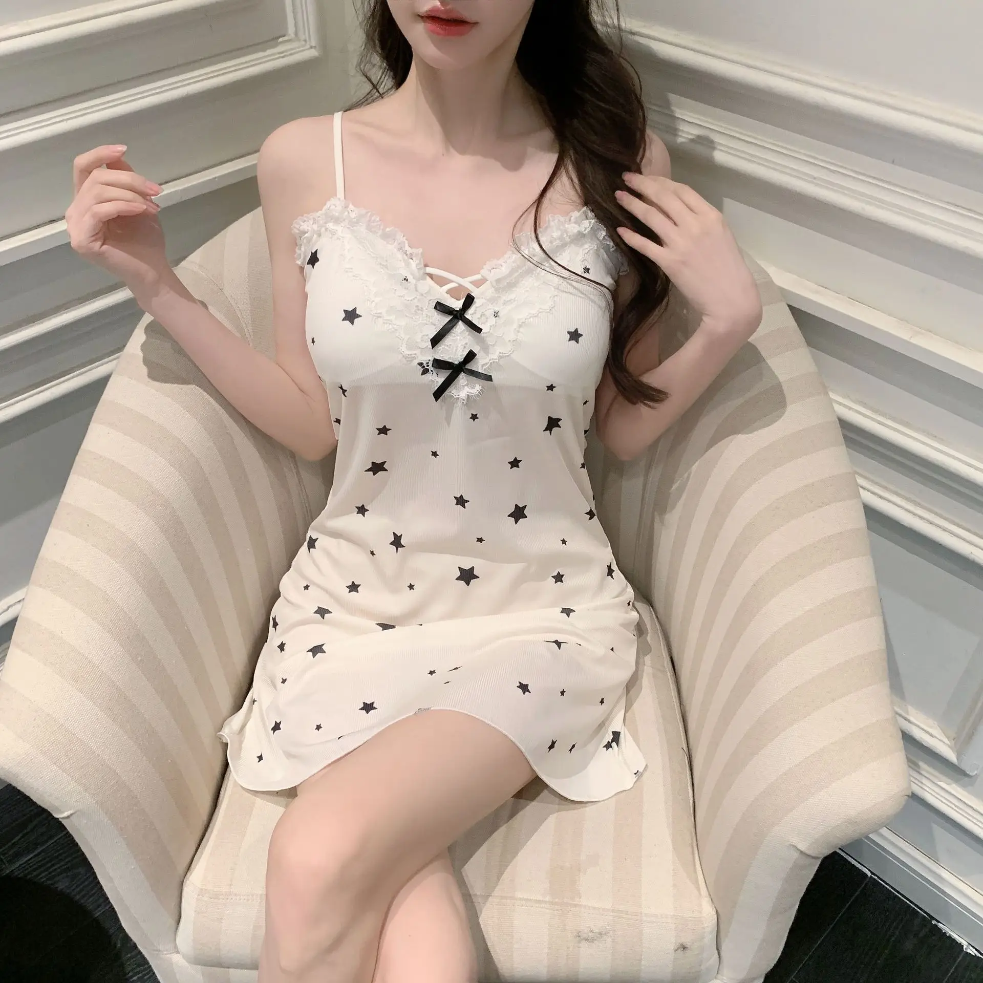 Sleepwear Women's Sexy Lingerie Heart Print Nightdress Criss Cross Back Sleepdress Nightgowns
