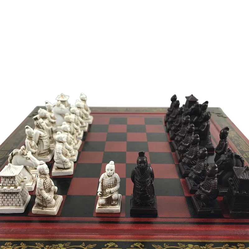 Vintage Collection Chess Terracotta Warriors Chess High-grade  Wood Carving Resin Chessman 26*26cm(10.24inch)  festival gift