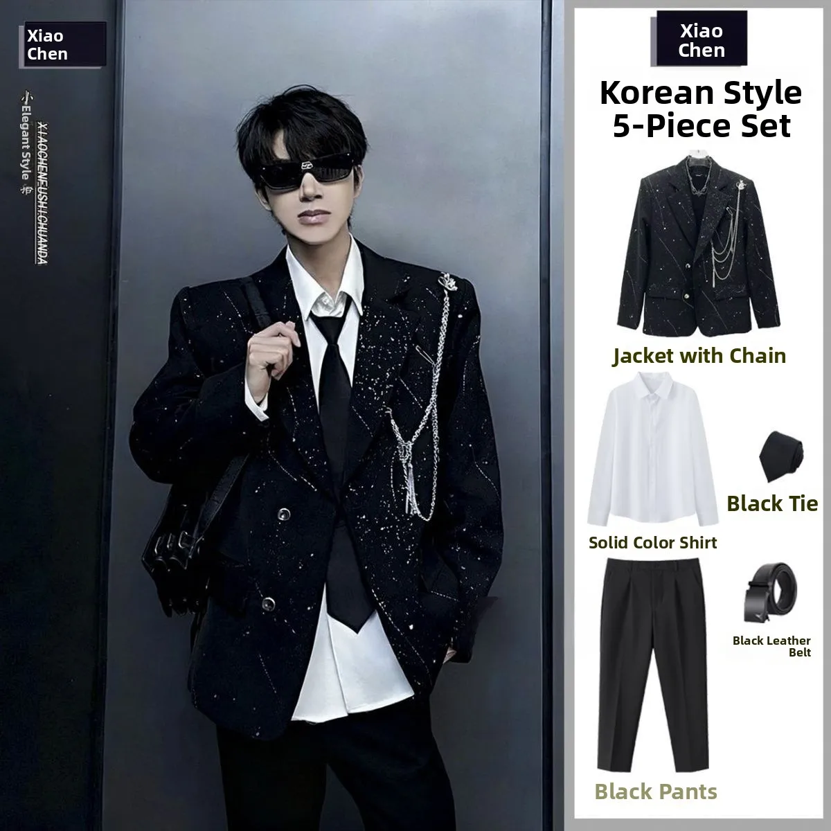 

Men's Autumnal Metal Chain Studded Shoulder Suit Jacket And Pants Set High-End Feel Long Sleeve Polyester Blend Casual Chic