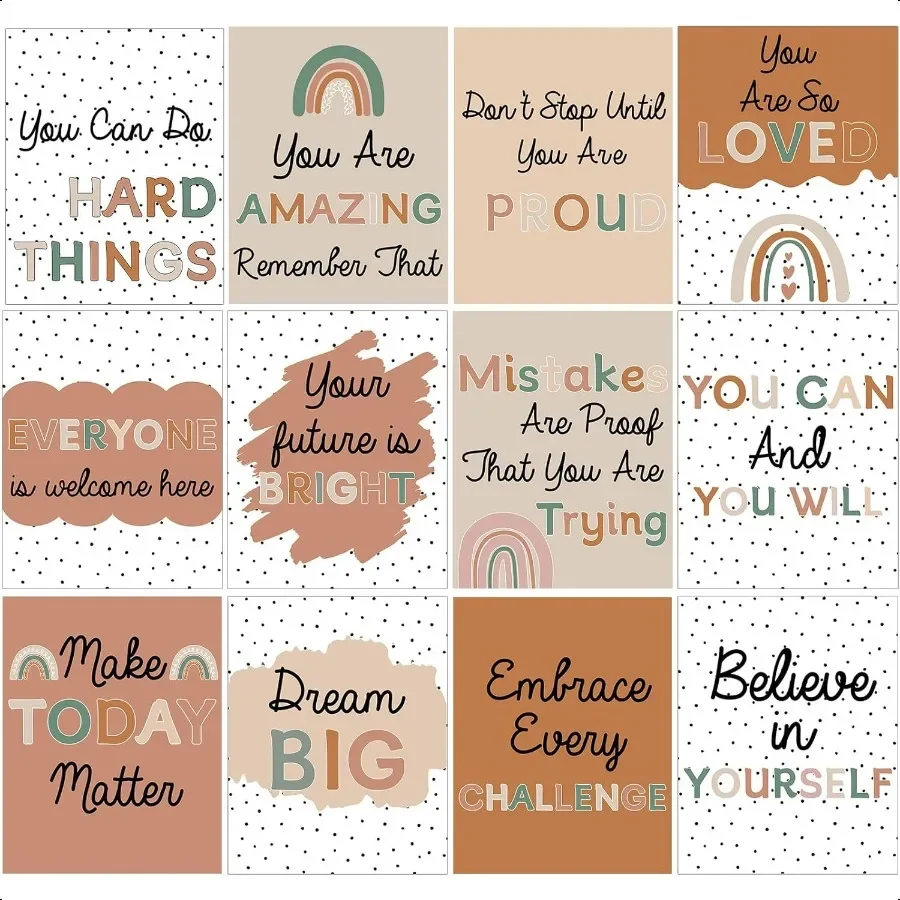 Nezyo 12 Pcs Boho Painted Dots Classroom Posters Polka Dots Rainbow Inspirational Wall Art Educational Poster for Girls Boho Cl