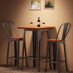 Bar Table and Chairs Set, Pub Table and Chairs Set of 2, with Elm Solid Wood and Thickened Metal Frame, for Bar, Small Spac